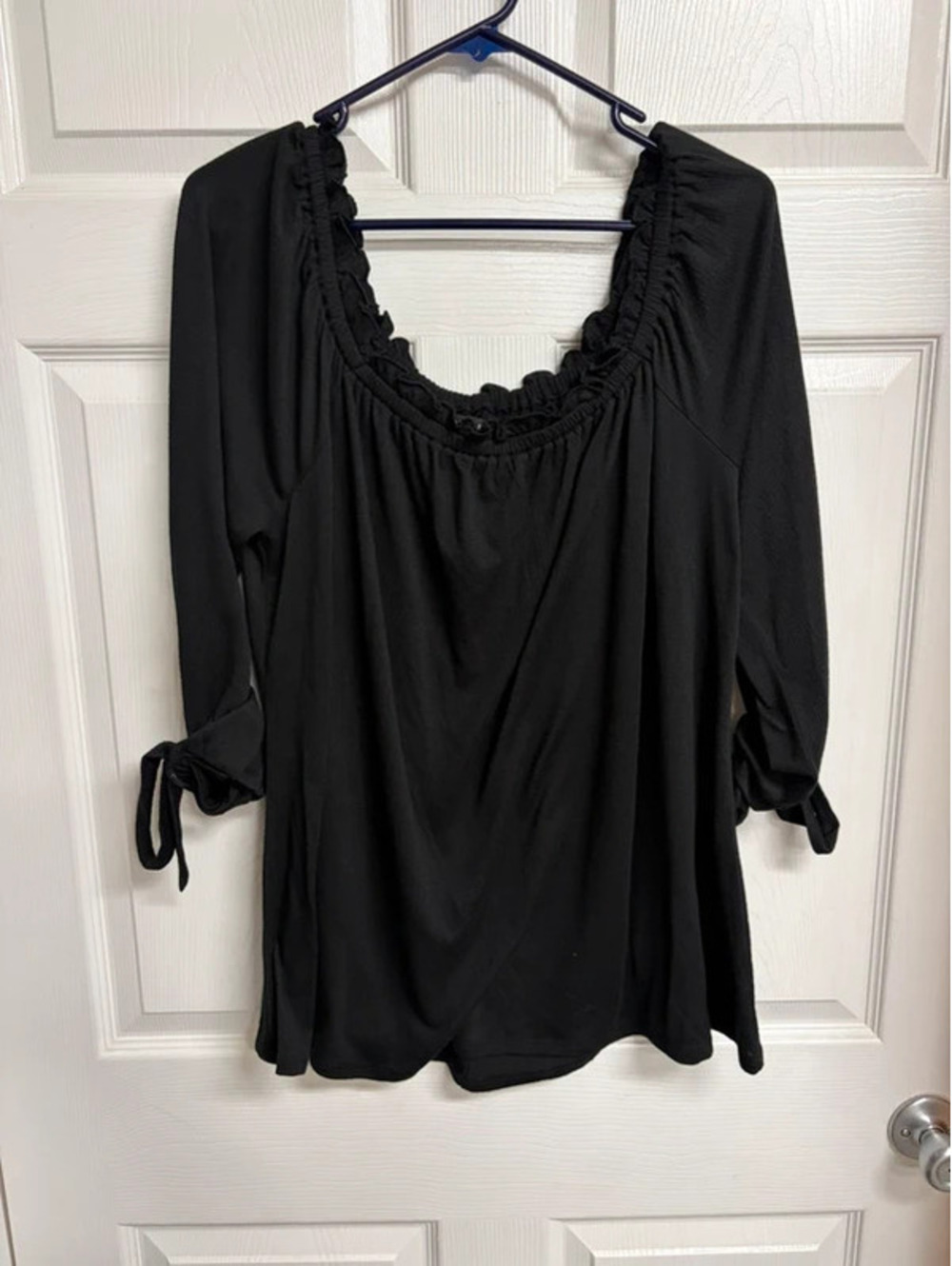 Lane Bryant Black Peasant Blouse 14/16 Ruffle Neck Tie Sleeve Boho Top
